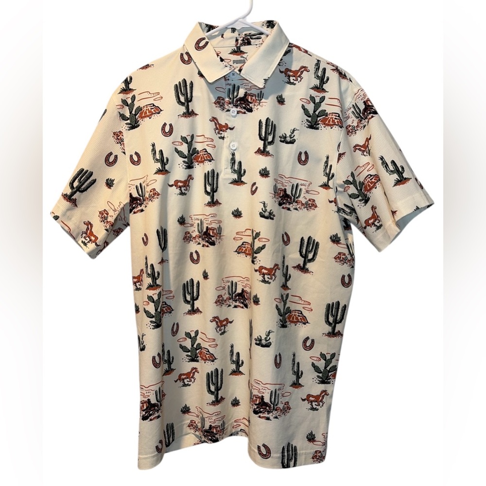 Puma Polo Shirt Vented Tan Wild West Print  Golf